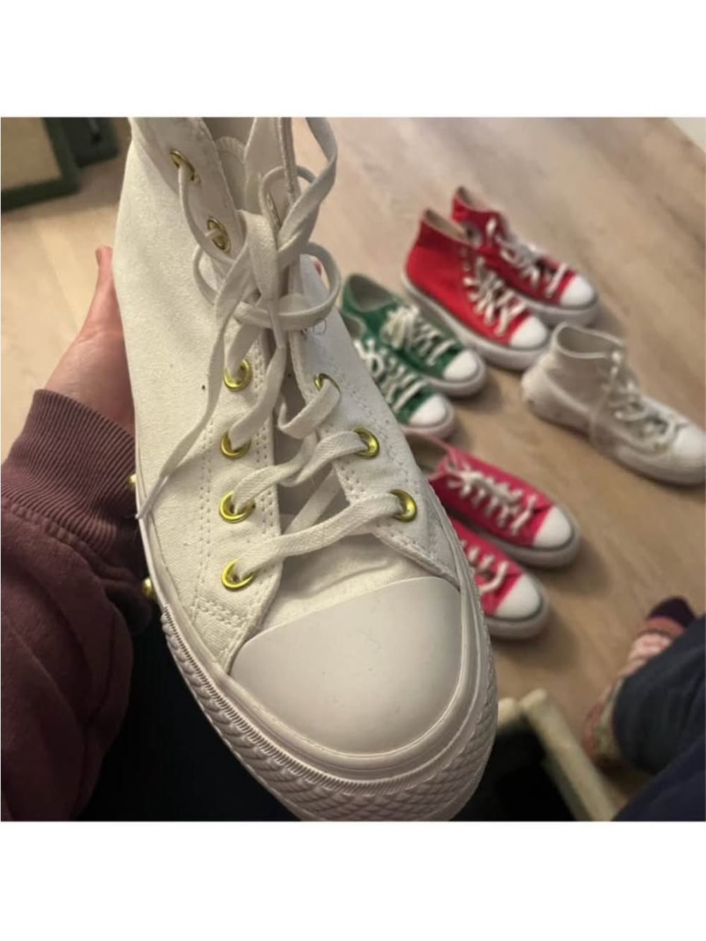White High-Top Platform Converse Sneaker with Gold Accents